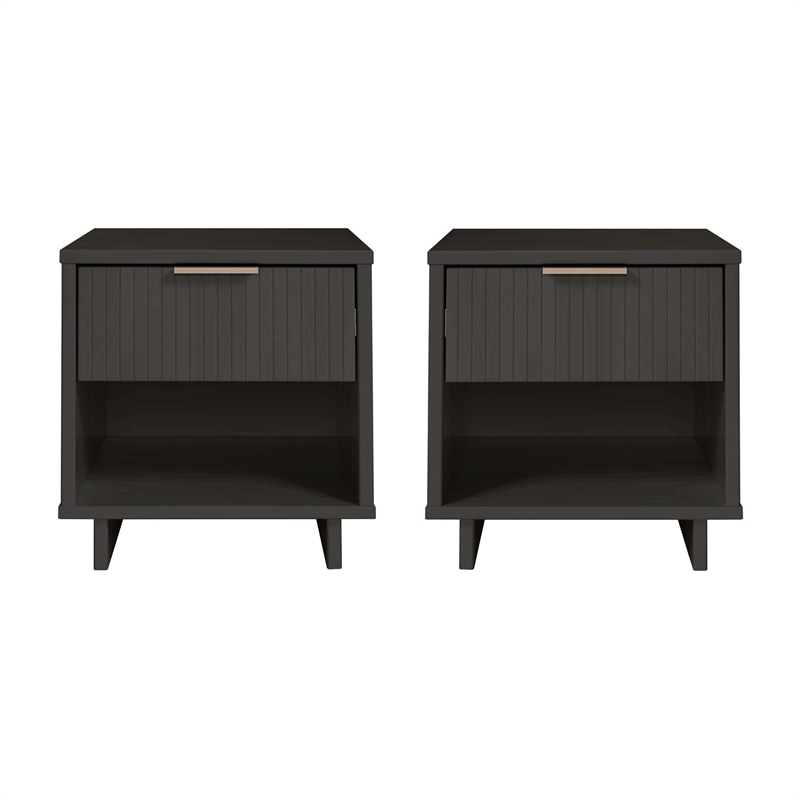 Manhattan Comfort Granville Solid Wood Nightstand 1.0 in Dark Gray- Set of 2