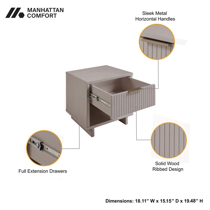 Manhattan Comfort Granville Solid Wood Nightstand 1.0 in Light Gray- Set of 2