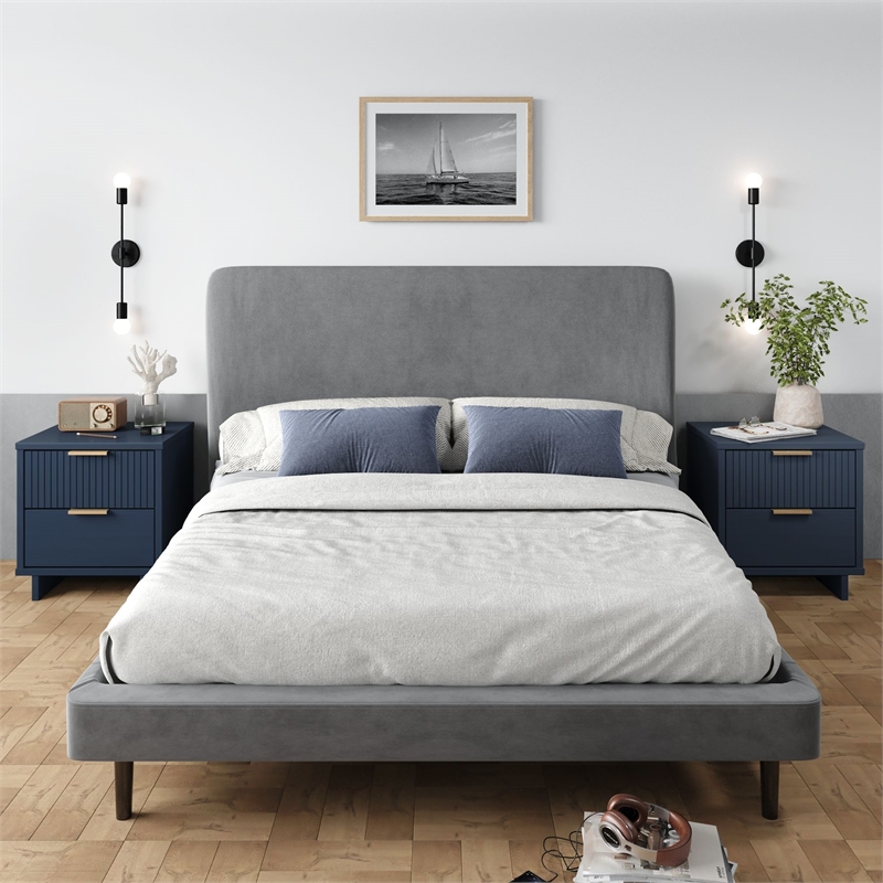 Manhattan Comfort Granville Solid Wood Nightstand 2.0 in Midnight Blue- Set of 2