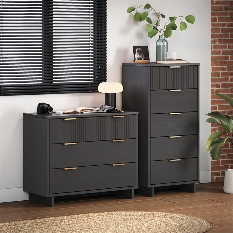 2-Piece Granville Solid Wood Tall Narrow and Standard Dresser Set in Dark Grey