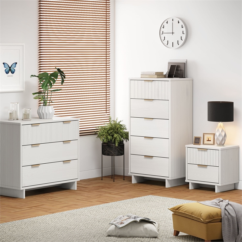3-Piece Granville Solid Wood Dresser Chest and Nightstand Set in White