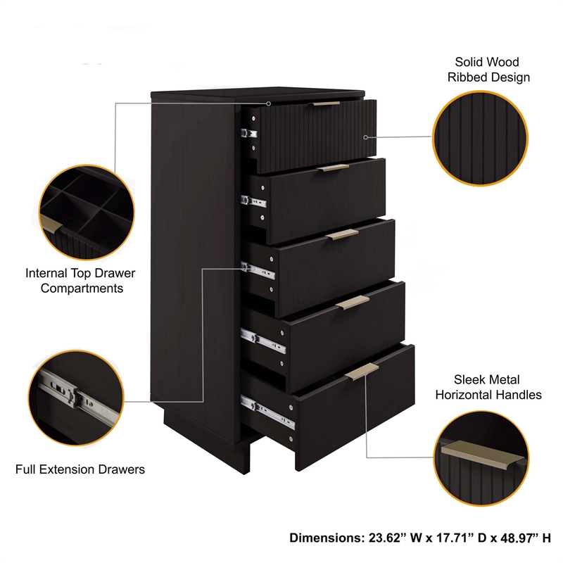 3-Piece Granville Chest Dresser & Nightstand Set from Solid Wood in Black