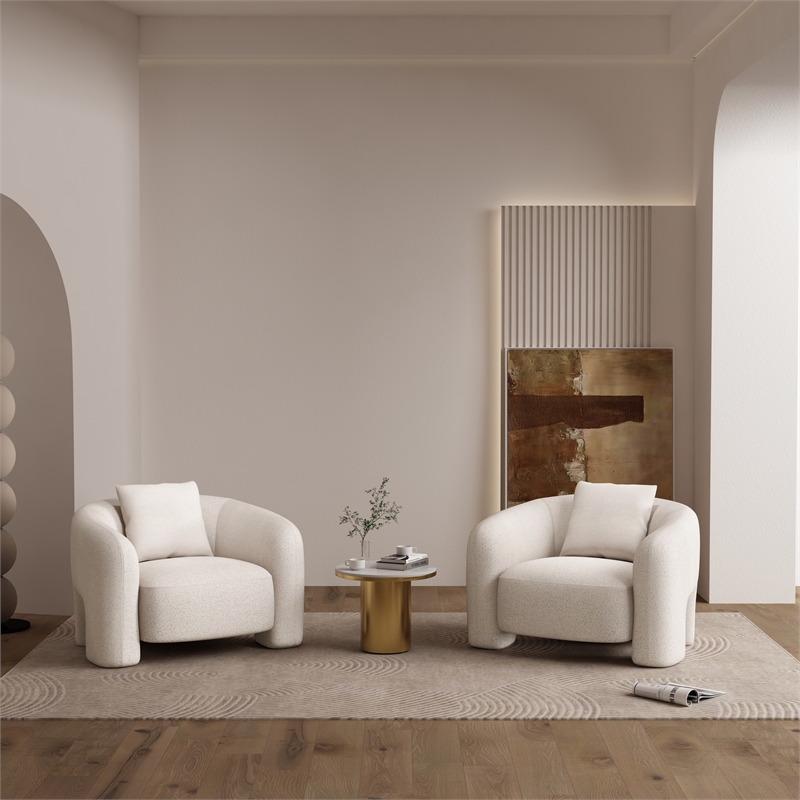 Modern Sylvia Tweed Accent Chair with Accent Pillow in Beige - Set of 2