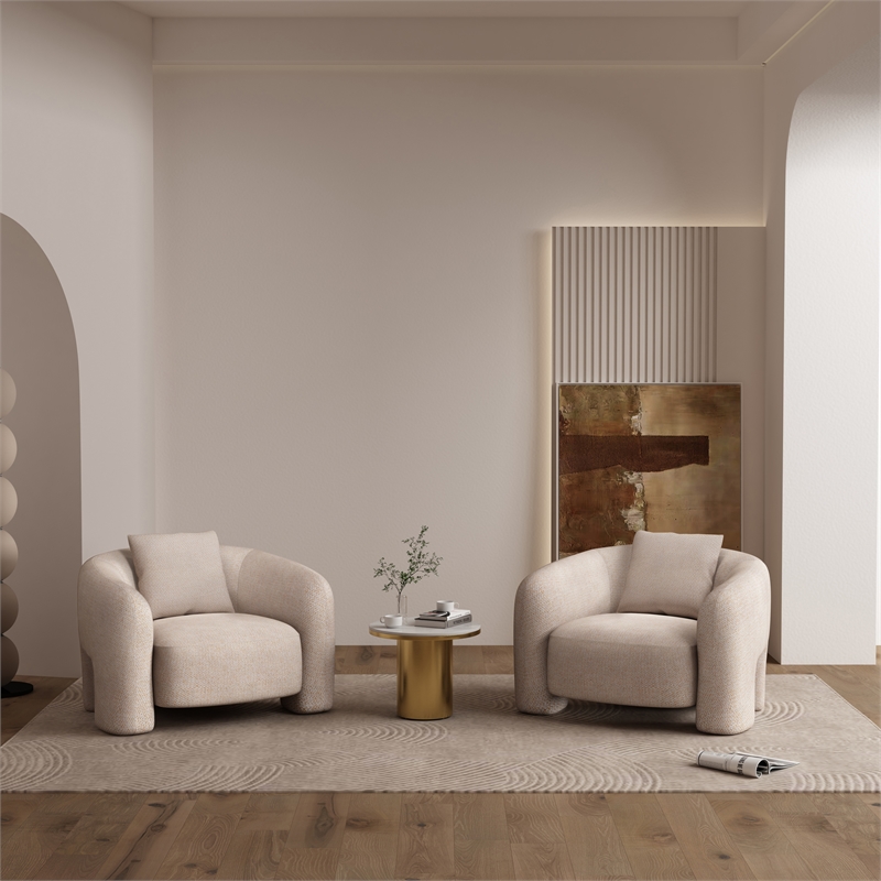 Modern Sylvia Tweed Accent Chair with Accent Pillow in Gold Dust - Set of 2
