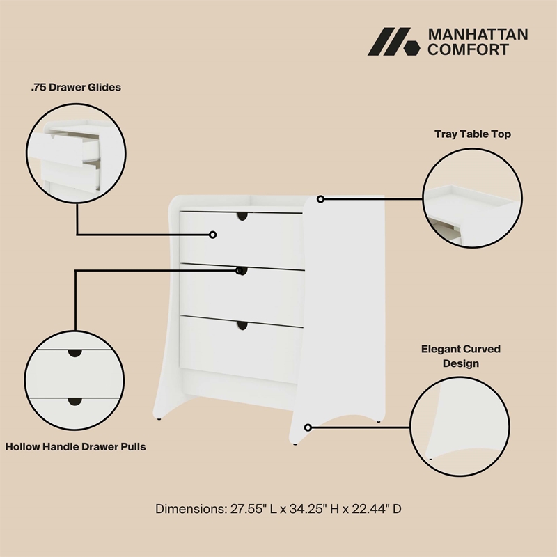 Manhattan Comfort Coney Mid-Century Modern 3-Drawer Dresser in White