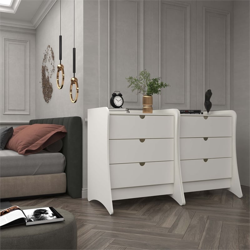 Manhattan Comfort Coney Mid-Century Modern 3-Drawer Dresser in White (Set of 2)