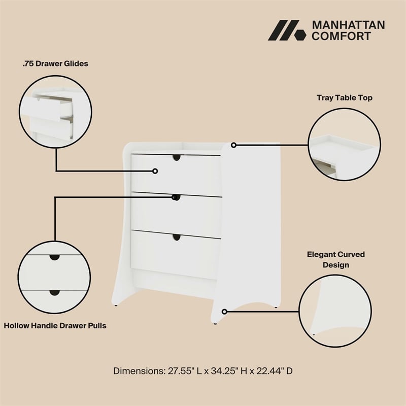Manhattan Comfort Coney Mid-Century Modern 3-Drawer Dresser in White (Set of 2)
