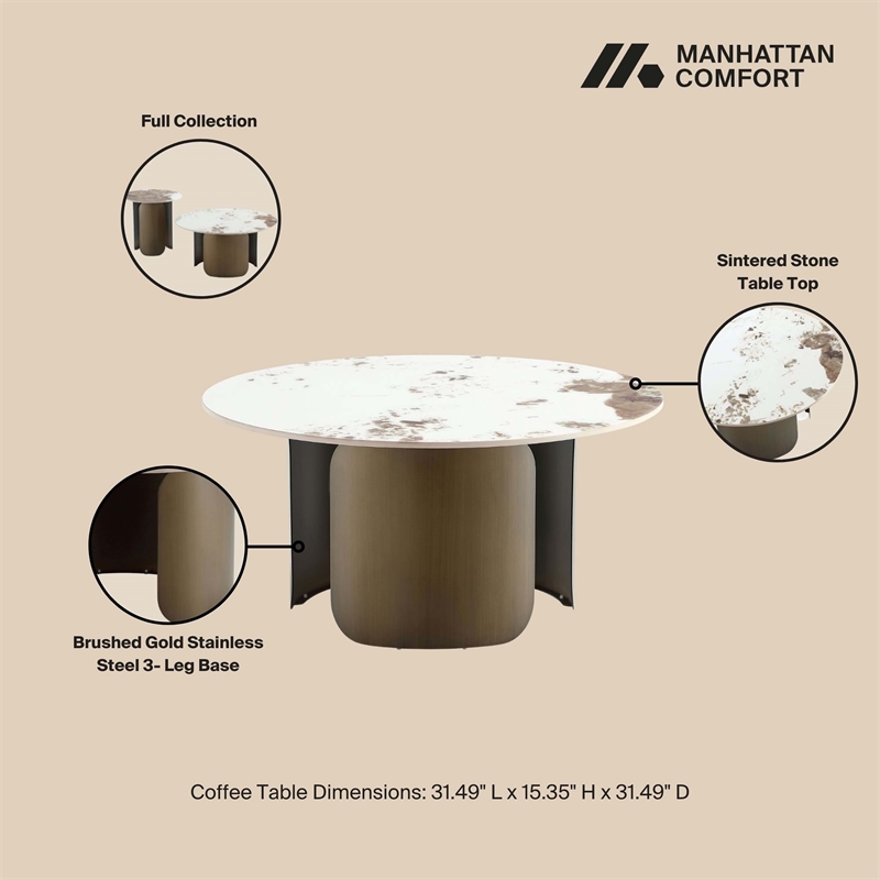 Manhattan Comfort Monica 2-Piece Modern Coffee Table and End Table Set in Gold