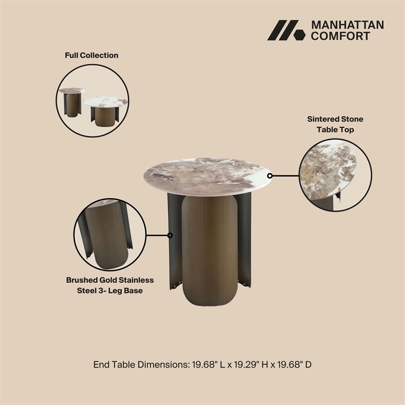 Manhattan Comfort Monica 2-Piece Modern Coffee Table and End Table Set in Gold