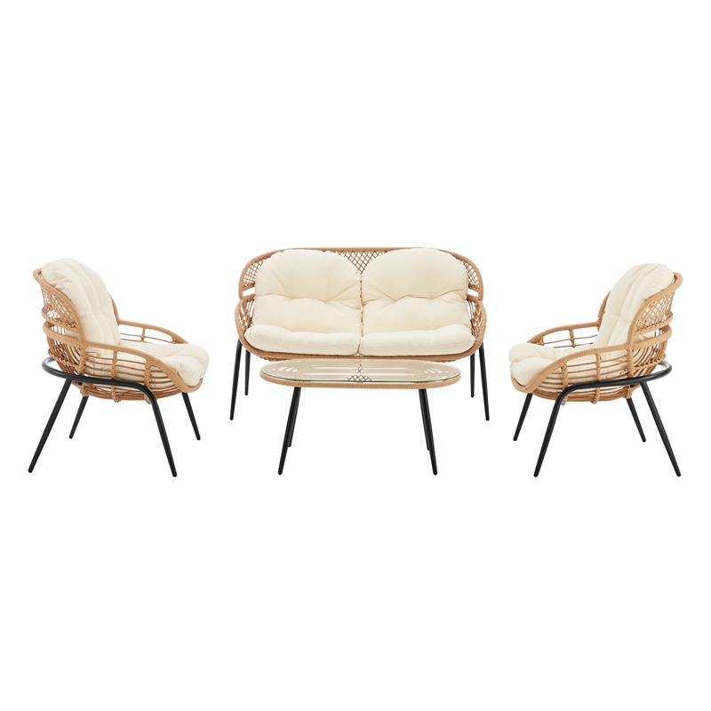 Manhattan Comfort Pine Modern 4-Piece Patio Conversation Set in Cream