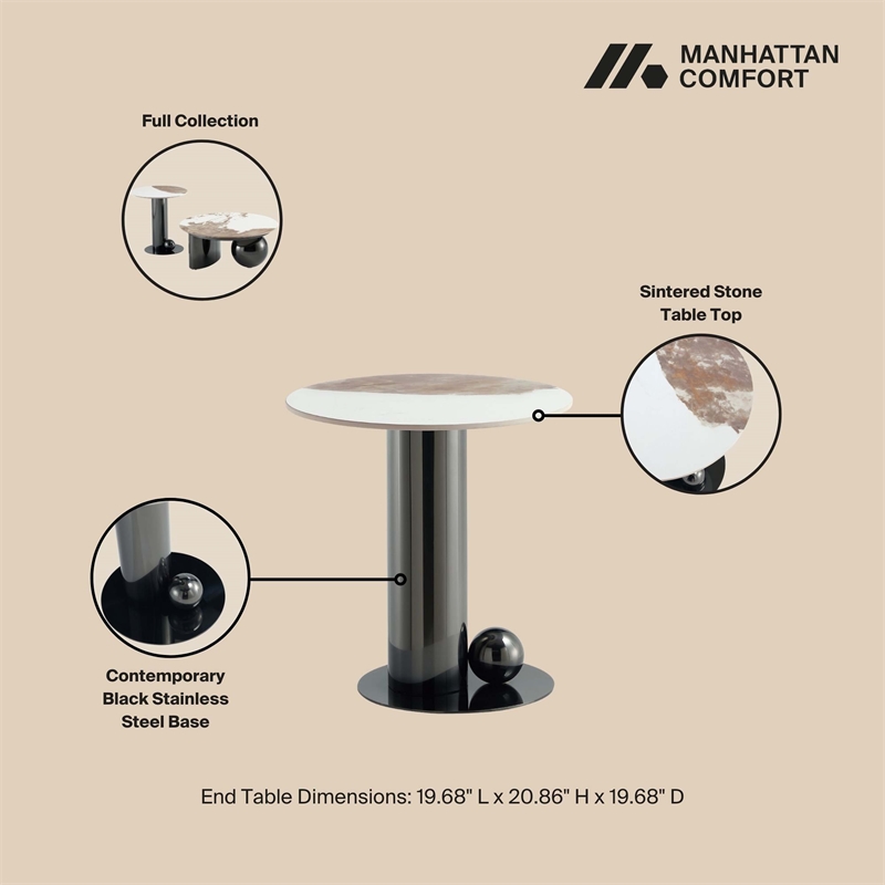 Manhattan Comfort Laurel Modern End Table with Stainless Steel Base in Black