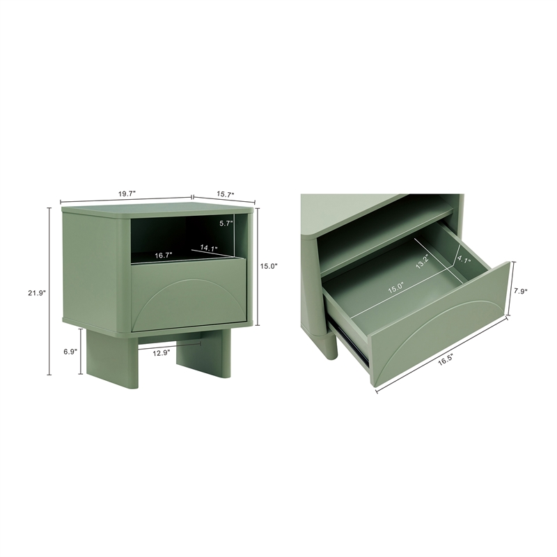 Ella Nightstand in Sage Green made from Engineered Wood
