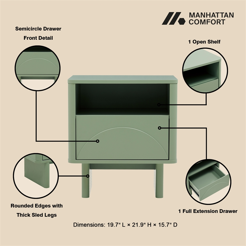 Ella Nightstand in Sage Green made from Engineered Wood