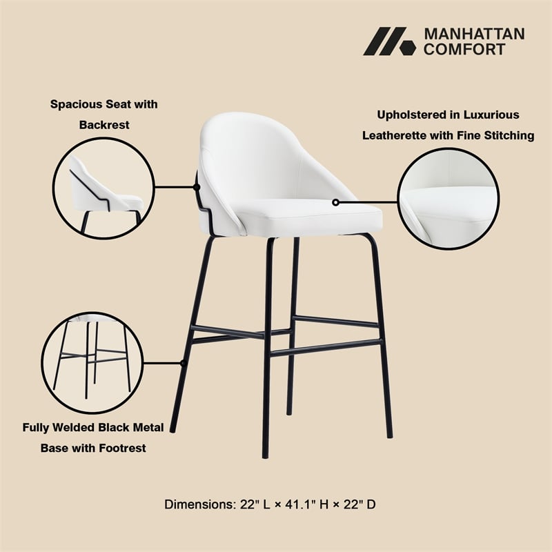 Gracie White and Black Leatherette Barstool with Steel Legs