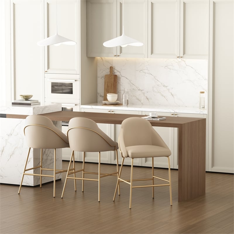 Gracie Tan and Gold Leatherette Counter Stool  with Steel Legs - Set of 3