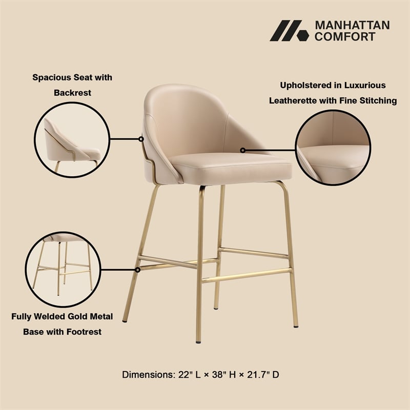 Gracie Tan and Gold Leatherette Counter Stool  with Steel Legs - Set of 3