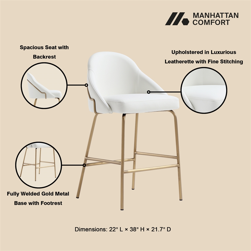 Gracie White and Gold Leatherette Counter Stool  with Steel Legs