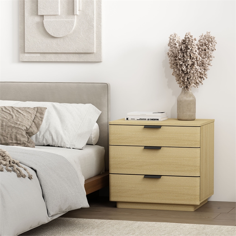 Payton Modern Nightstand with 3 Drawers in Natural Oak and Black
