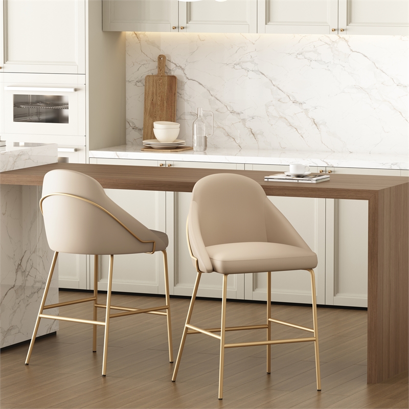 Gracie Tan and Gold Leatherette Counter Stool  with Steel Legs - Set of 2