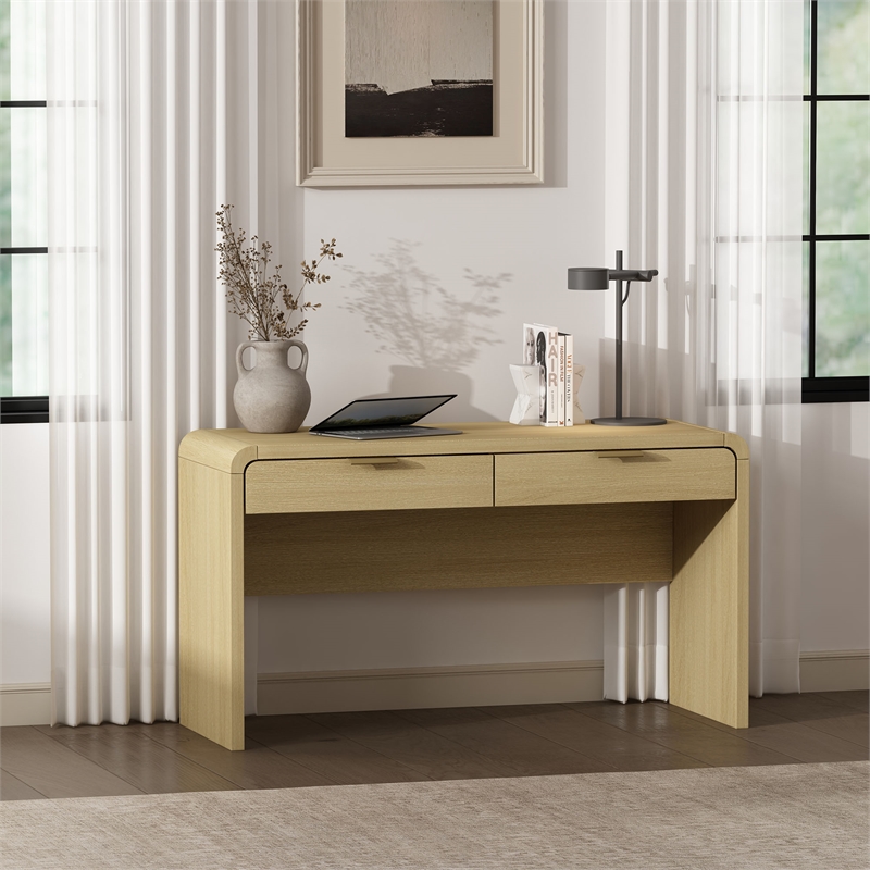 Grace Modern 54 Home Office Desk with 2 Drawers in Natural Oak and Gold