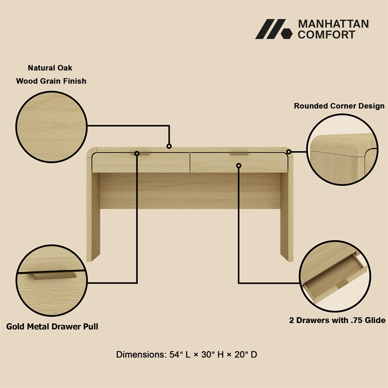 Grace Modern 54 Home Office Desk with 2 Drawers in Natural Oak and Gold