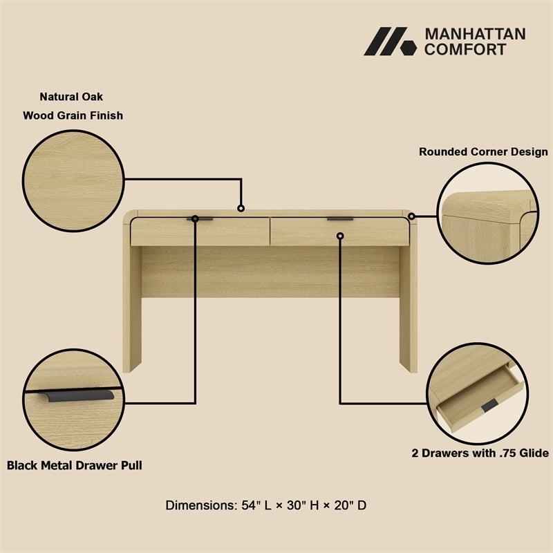Grace Modern 54 Home Office Desk with 2 Drawers in Natural Oak and Black