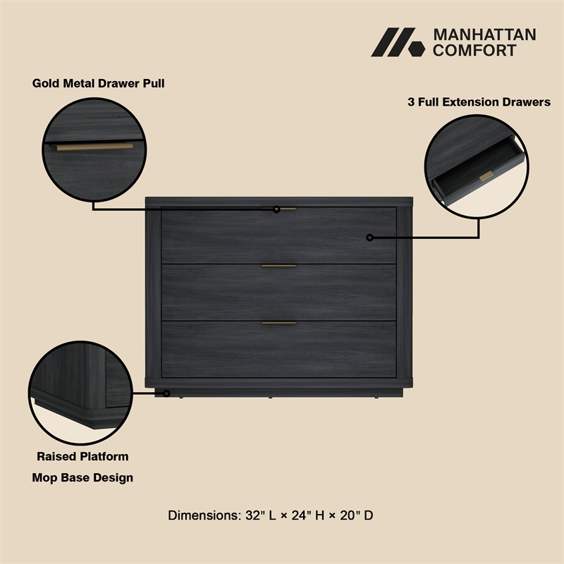 Evelyn Modern 32 Nightstand 4.0 with 3 Full Extension Drawers in Charcoal Grey