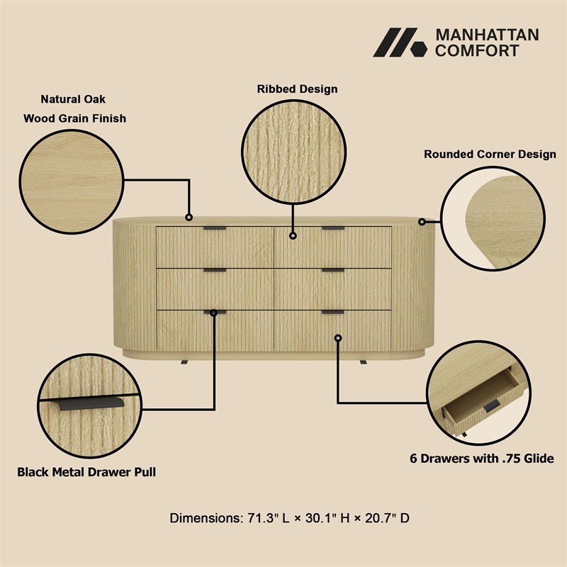 Olivia Modern 71.3 Double Dresser with 6 Drawers in Natural Oak and Black