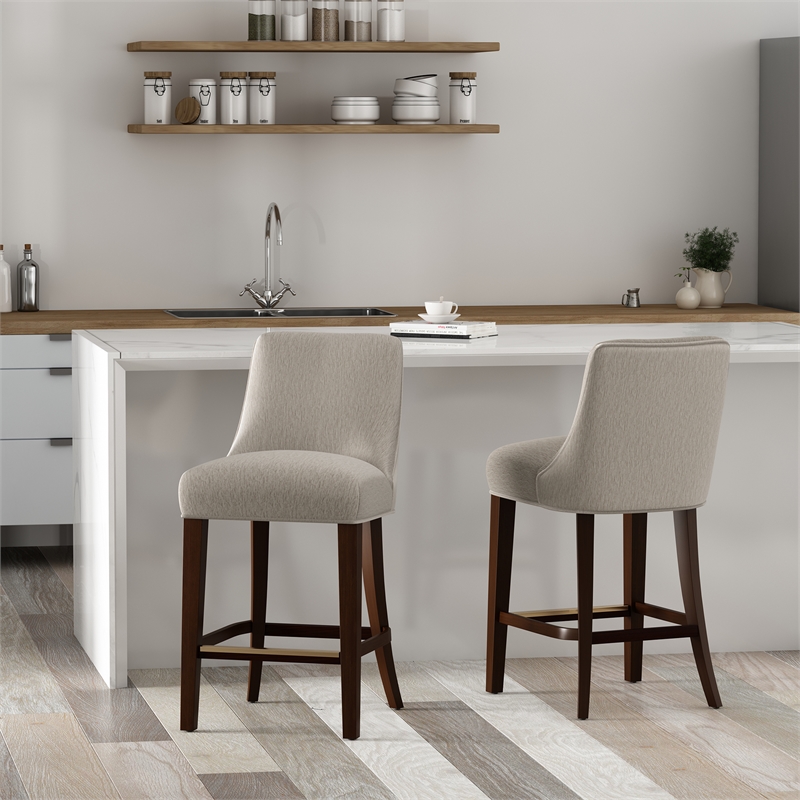 Beever Taupe Chenille Counter Stool  with Rubberwood Legs - Set of 2