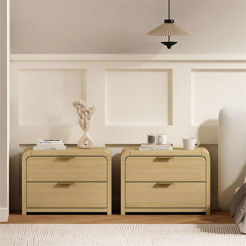 Grace Modern Nightstand with 4 Drawers in Natural Oak and Gold - Set of 2