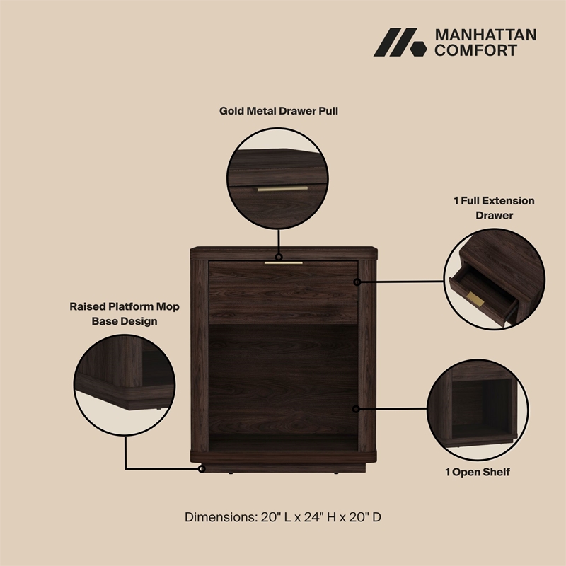 Evelyn Modern Nightstand with 2 Full Extension Drawers in Brown - Set of 2