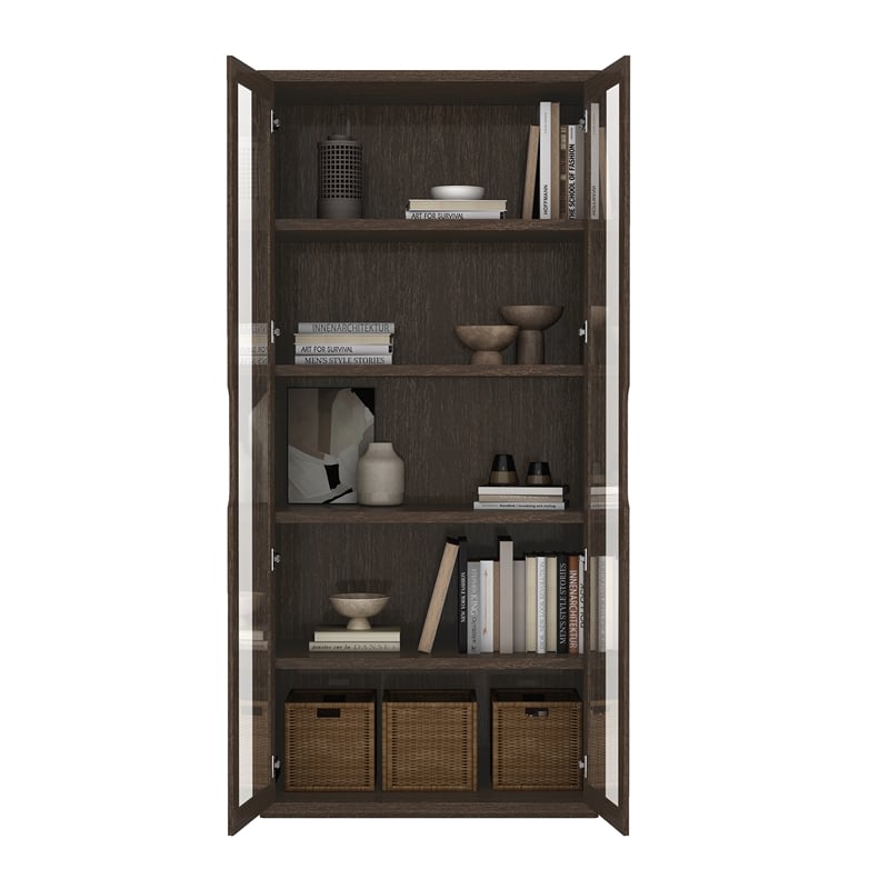 Rivington Modern Bookcase Cabinet in Walnut (5-Shelf) - Set of 2