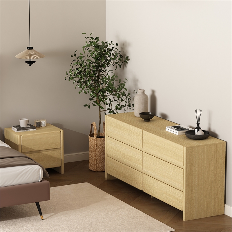 Linda Modern 2-Piece Double Wide Dresser and Nightstand in Natural Oak