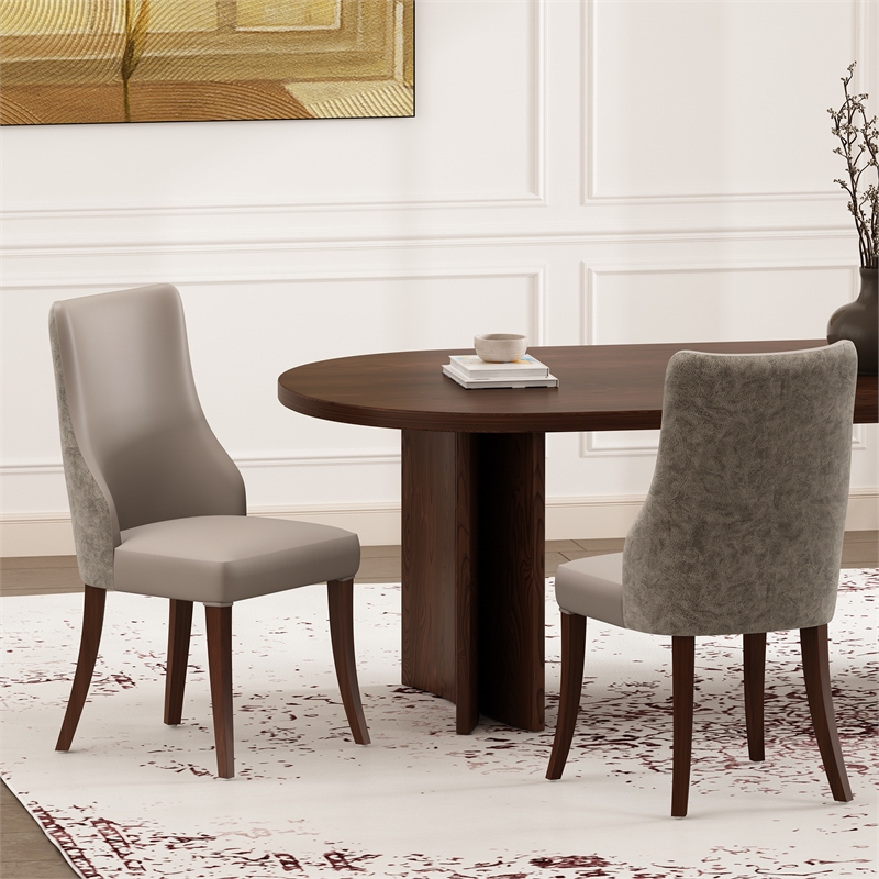 Connie Modern Wood Vegan Leather and Velvet Dining Chair in Taupe - Set of 2