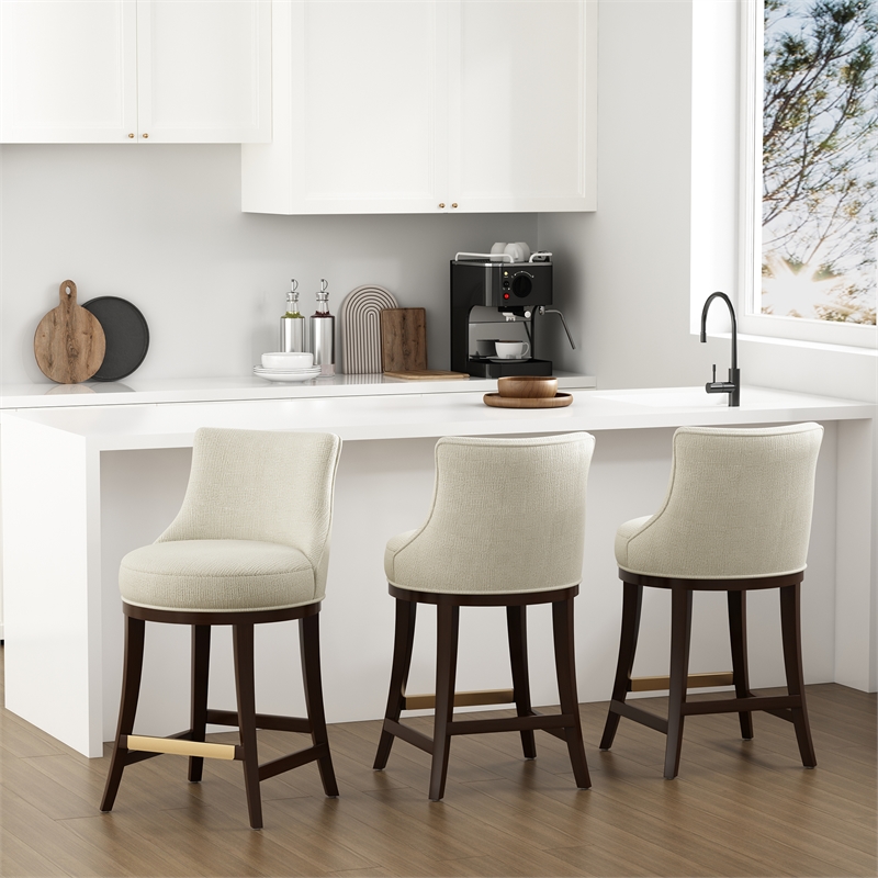 Lucia Modern Wood Chenille Counter Stool in Natural - Set of 3