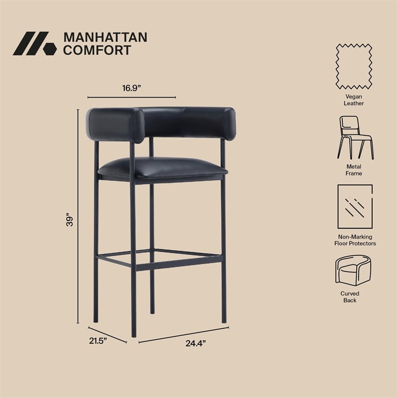 Onda Contemporary Vegan Leather Metal Upholstered Barstool in Black