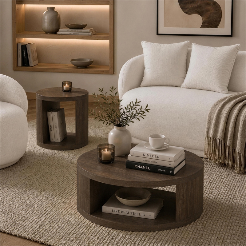 Alure Contemporary 2-Piece Coffee Table & End Table Set in Walnut