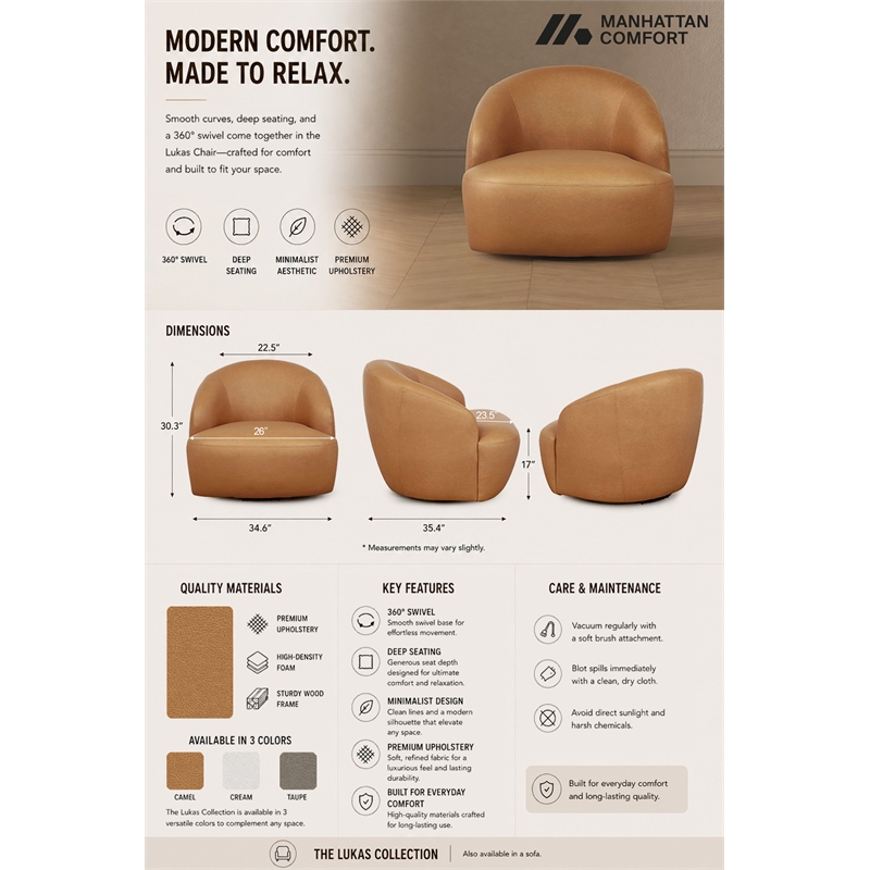 Lukas Contemporary Modern Upholstered Swivel Accent Chair in Camel