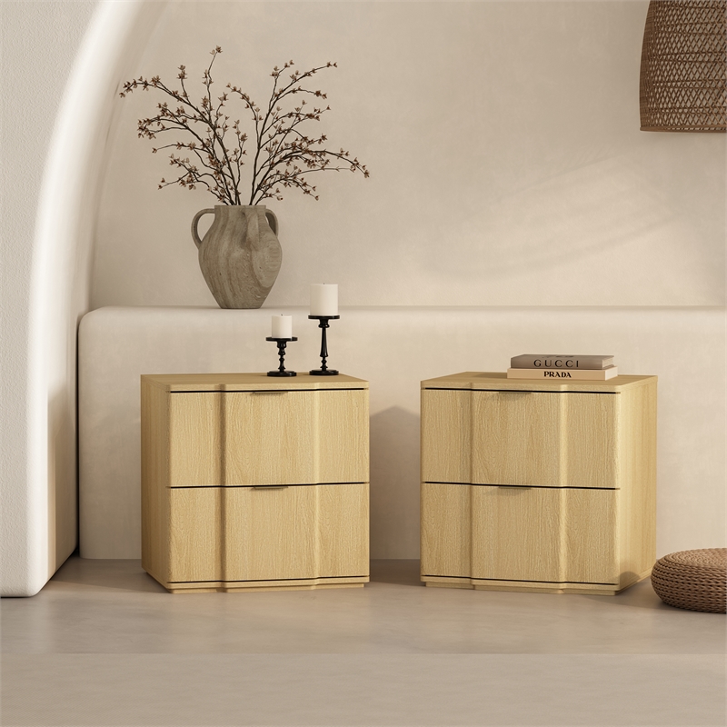 Clive Mid-Century Modern 2-Piece Dresser and Nightstand in Oak and Gold