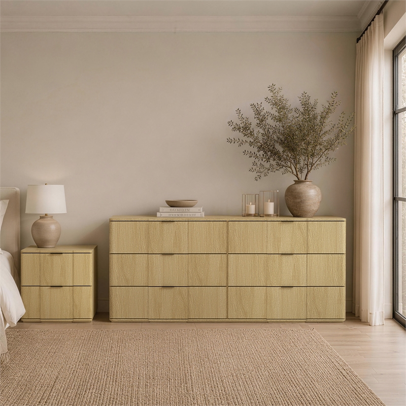 Clive Mid-Century Modern 2-Piece Dresser and Nightstand in Oak and Gold