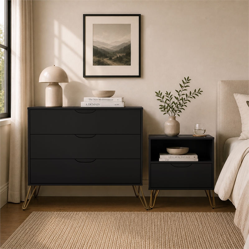 Avira Mid-Century Modern 2-Piece Dresser and Nightstand in Black