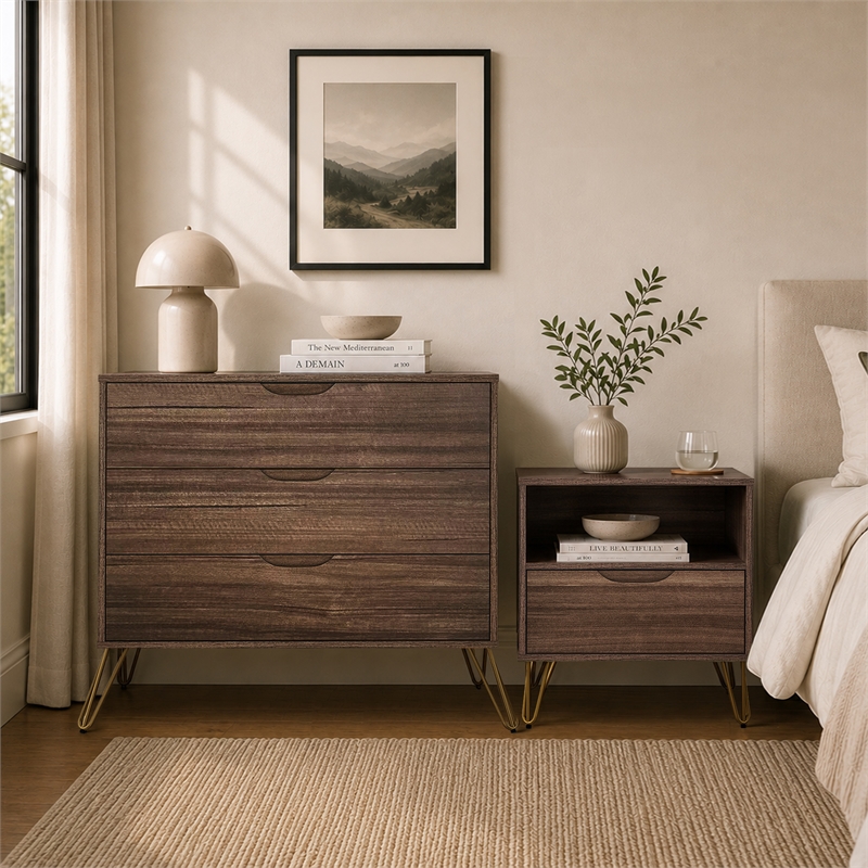 Avira Mid-Century Modern 2-Piece Dresser and Nightstand in Brown