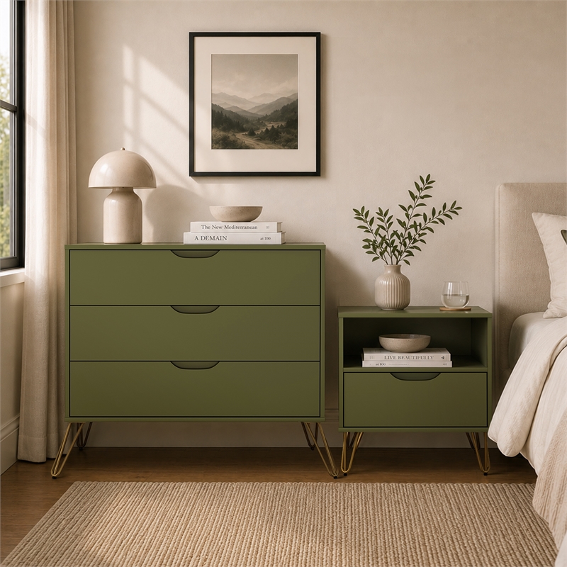 Avira Mid-Century Modern 2-Piece Dresser and Nightstand in Olive Green
