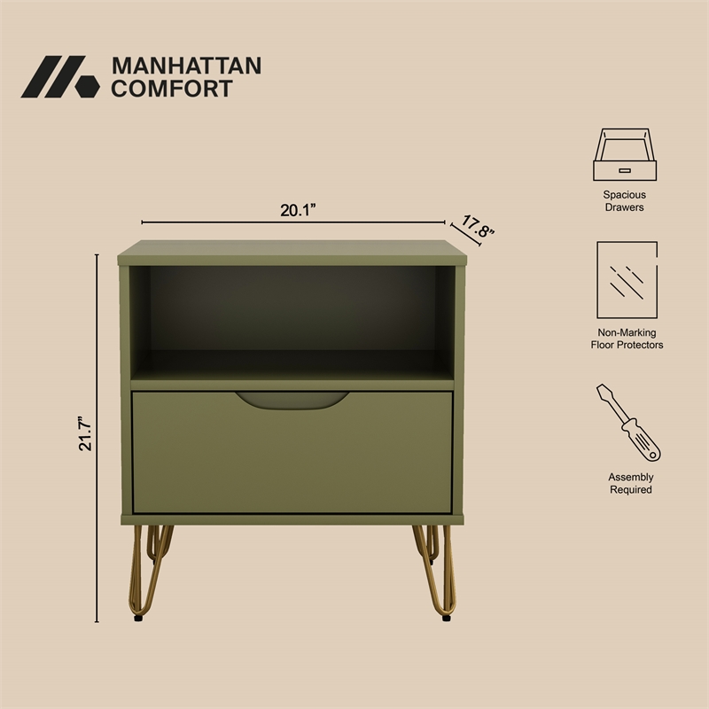 Avira Mid-Century Modern 2-Piece Dresser and Nightstand in Olive Green