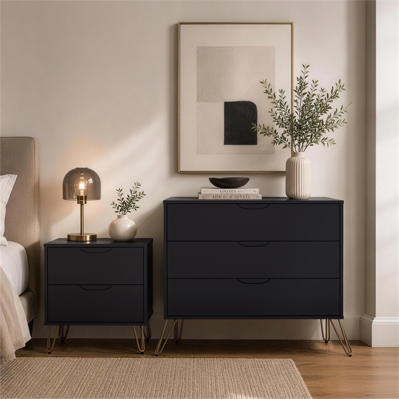 Avira Mid-Century Modern 2-Piece Dresser and Nightstand in Black