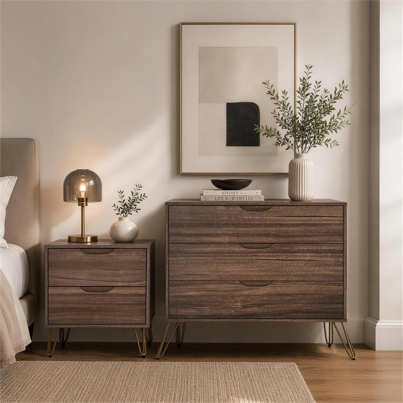 Avira Mid-Century Modern 2-Piece Dresser and Nightstand in Brown