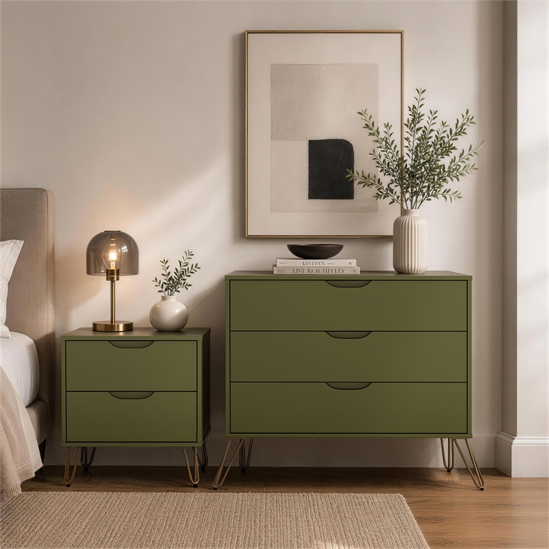 Avira Mid-Century Modern 2-Piece Dresser and Nightstand in Olive Green