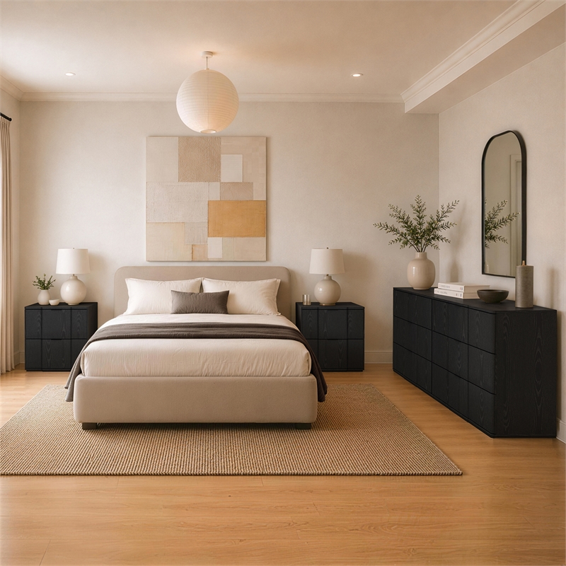 Clive Mid-Century Modern 3-Piece Dresser and Nightstand in Black