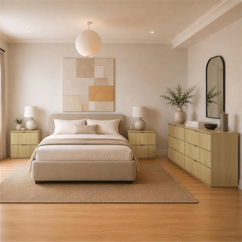 Clive Mid-Century Modern 3-Piece Dresser and Nightstand in Oak and Gold