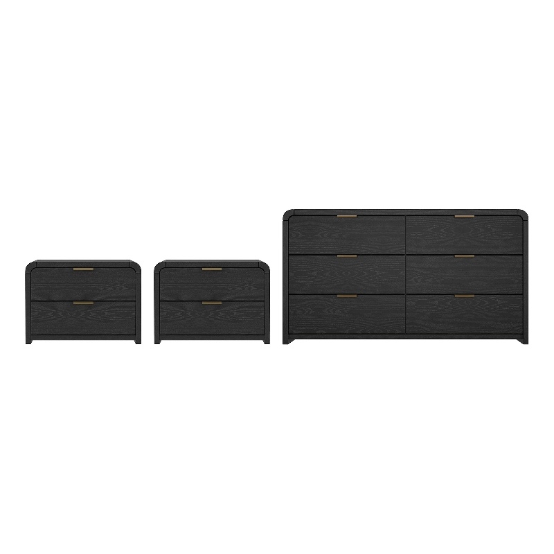 Grace Modern 3-Piece Dresser and Nightstand in Black and Gold